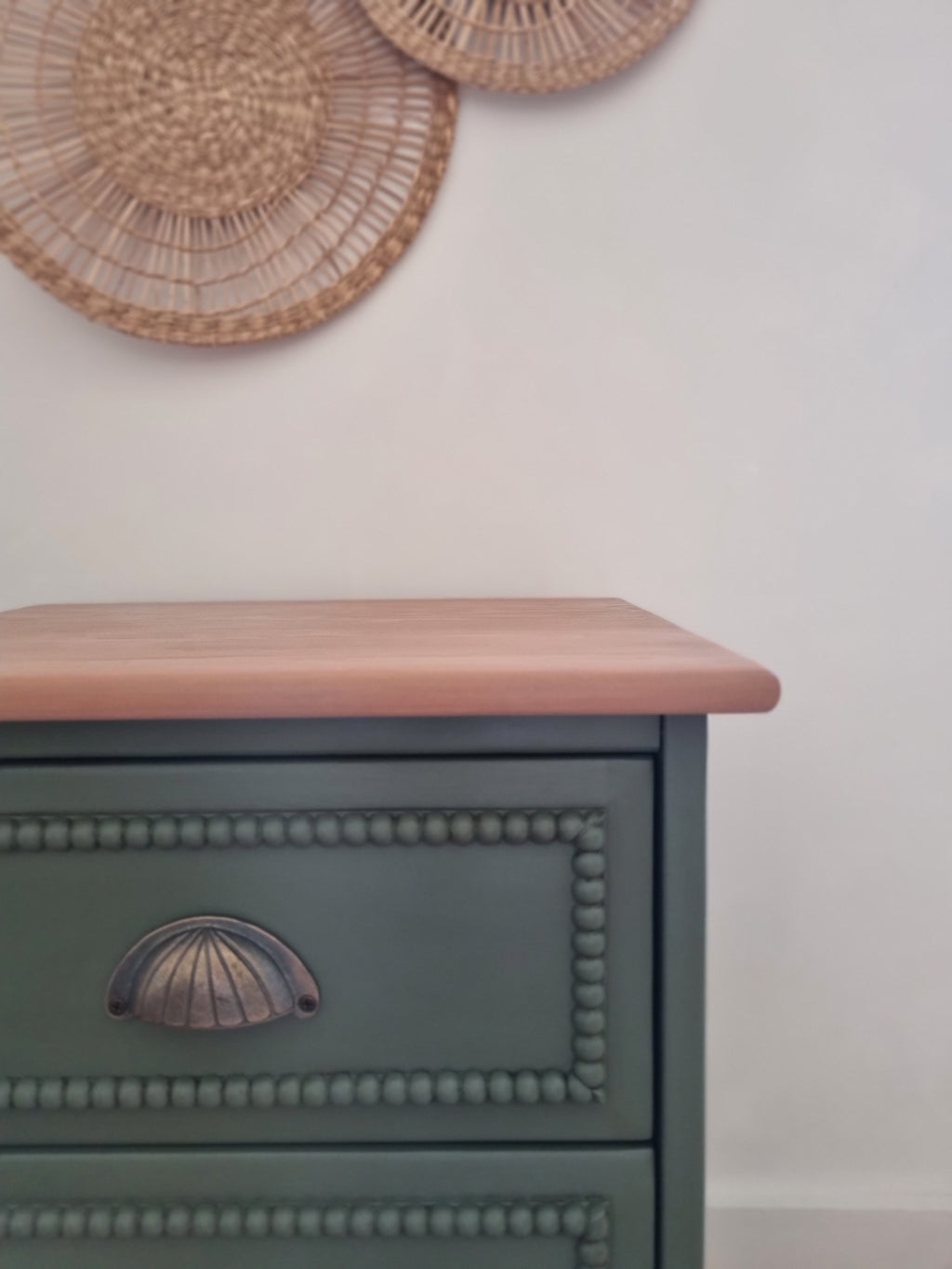Green bobbin drawers with bronze cup handles