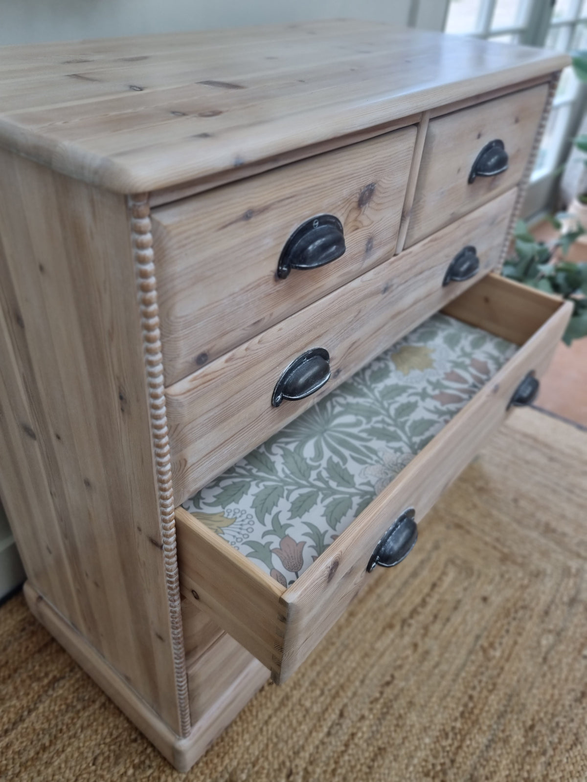 Rustic pine chest of drawers with bobbin detailing