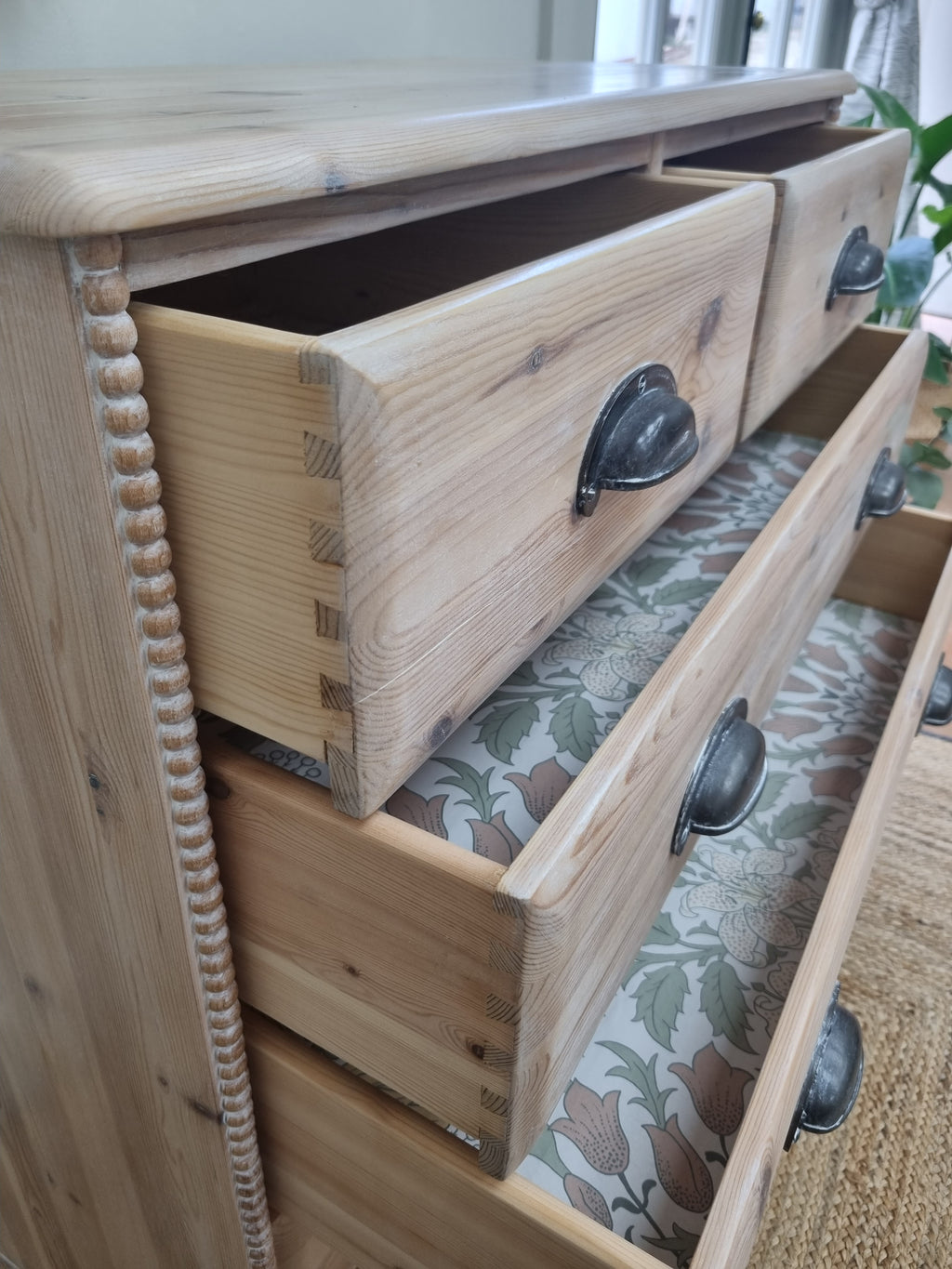 Rustic pine chest of drawers with bobbin detailing