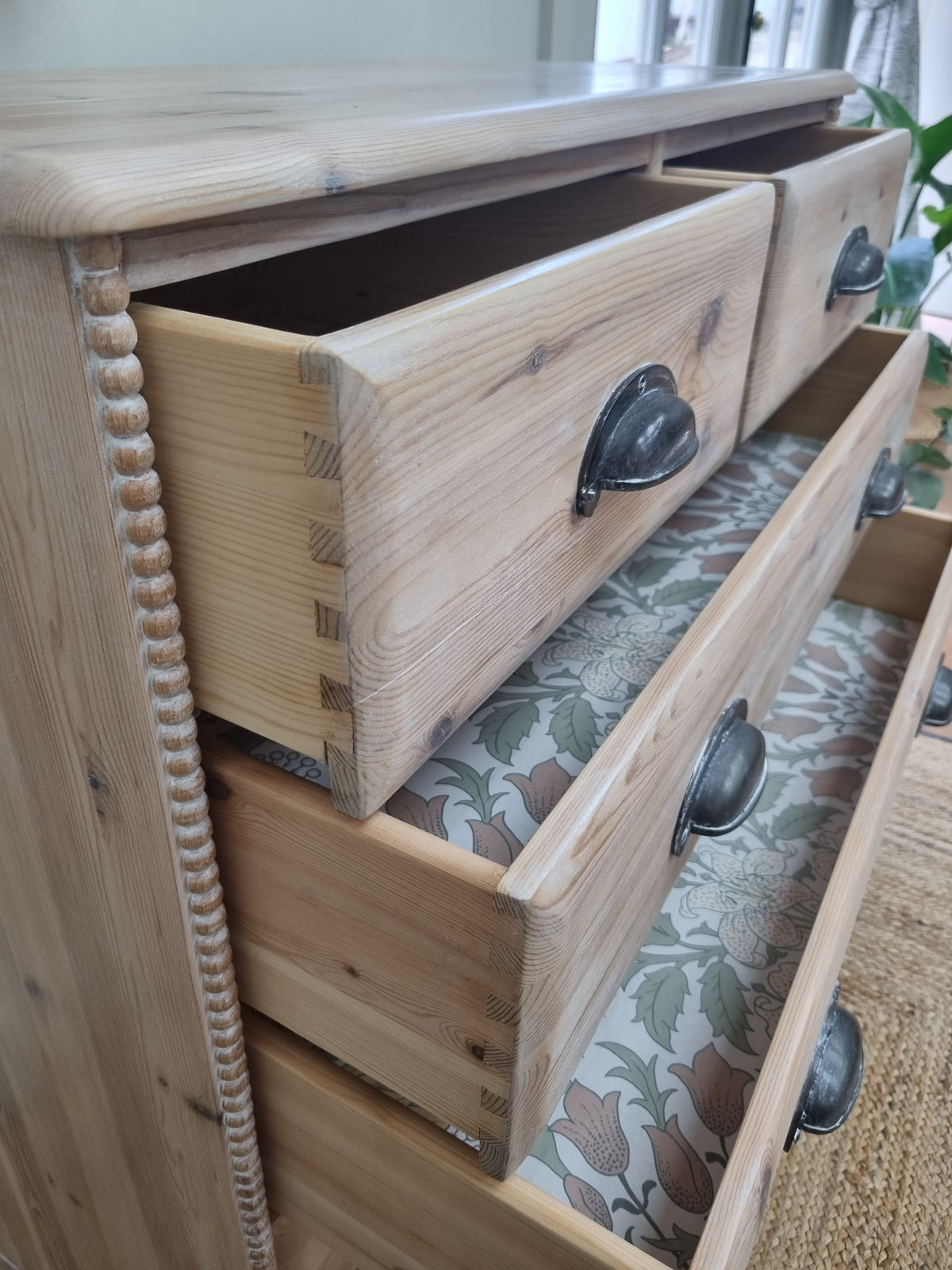 Rustic pine chest of drawers with bobbin detailing
