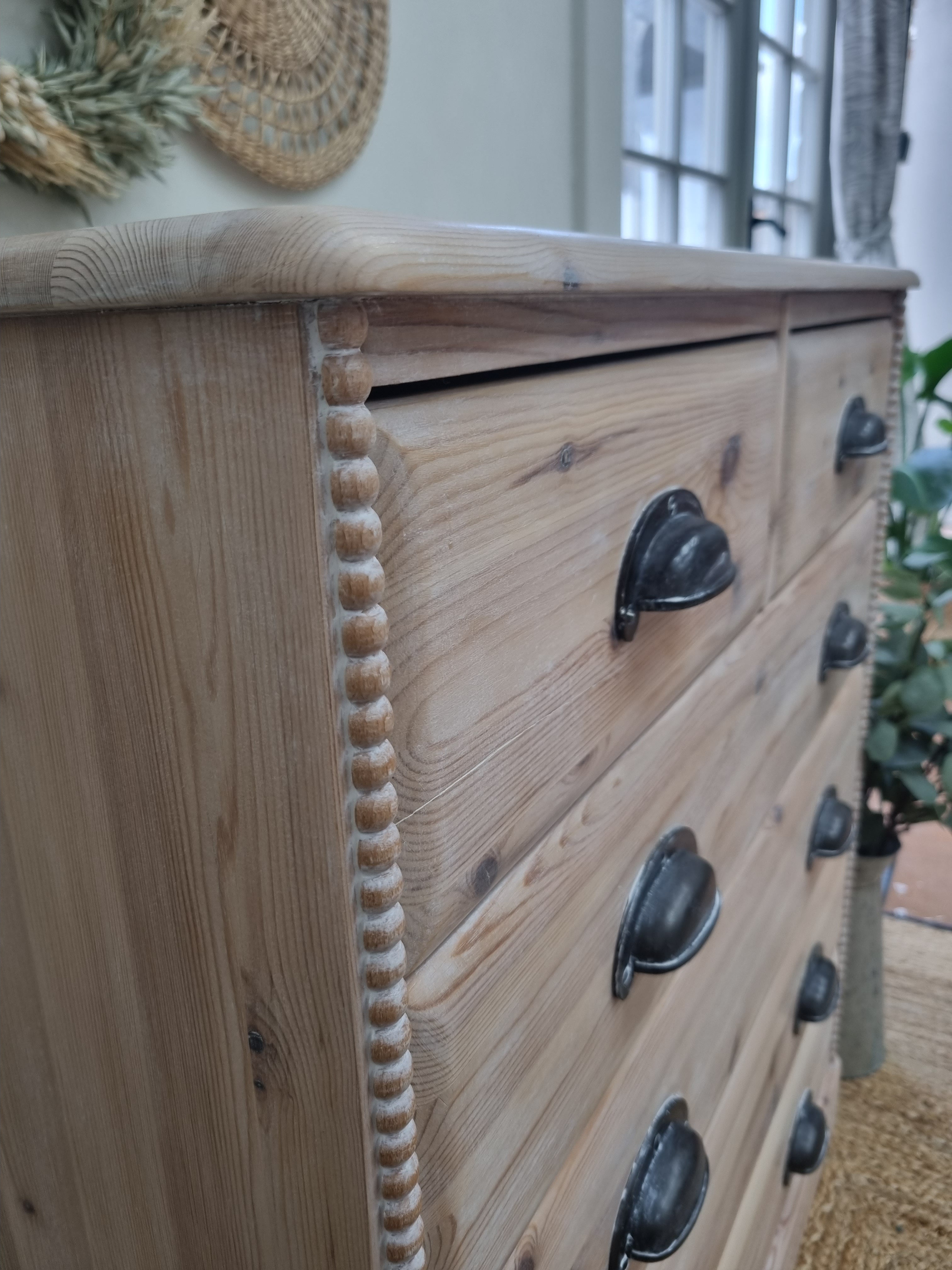 Rustic pine chest of drawers with bobbin detailing