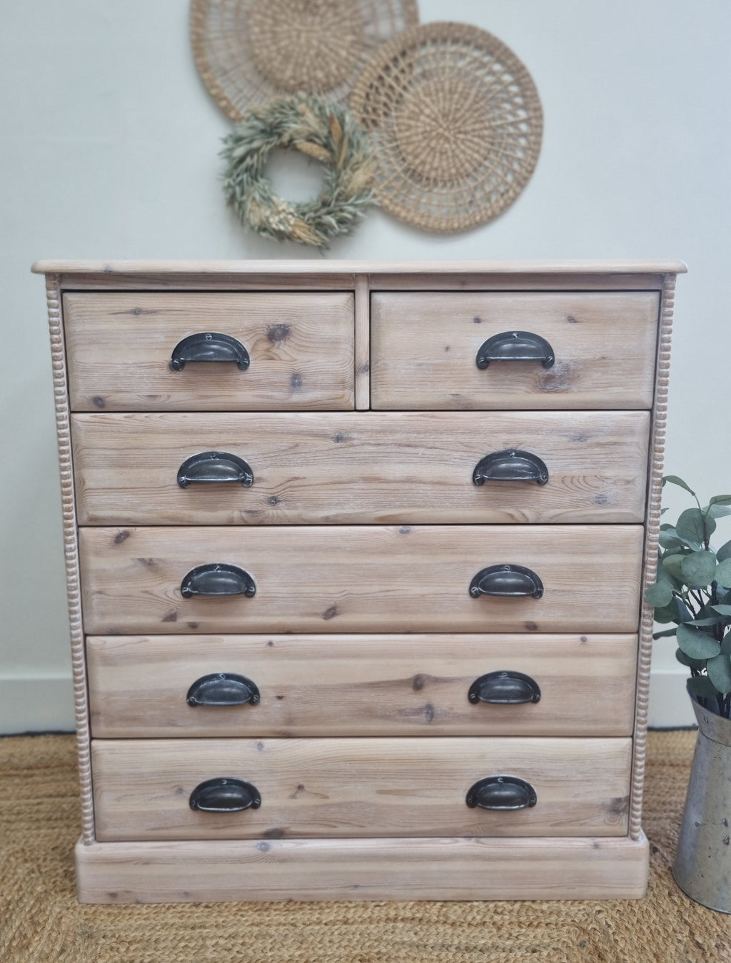 Rustic pine chest of drawers with bobbin detailing